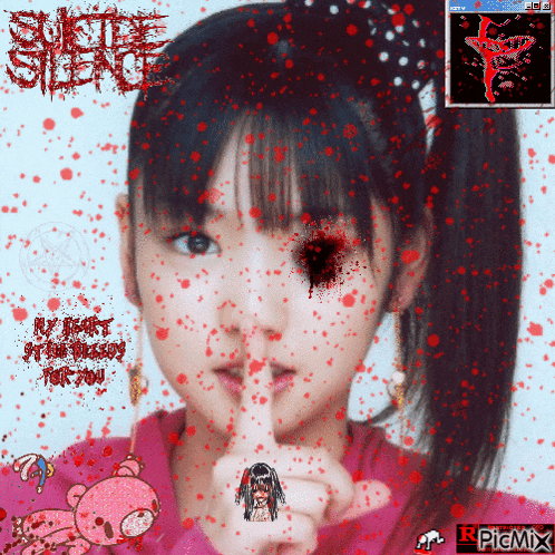 a girl 's face is surrounded by blood and the word silence is on the bottom