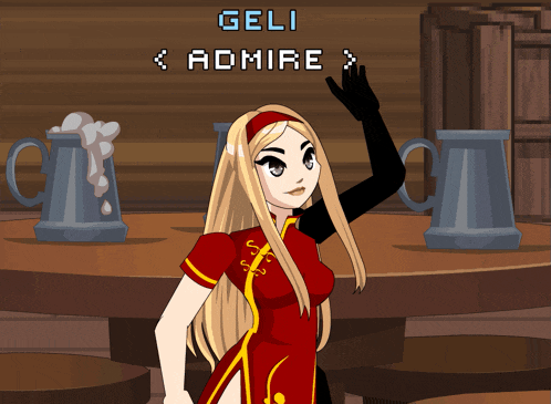 a girl in a red dress is standing in front of a table and a sign that says " geli admire "