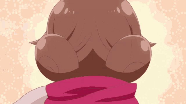 a close up of a cartoon character 's head with a pink scarf around her neck