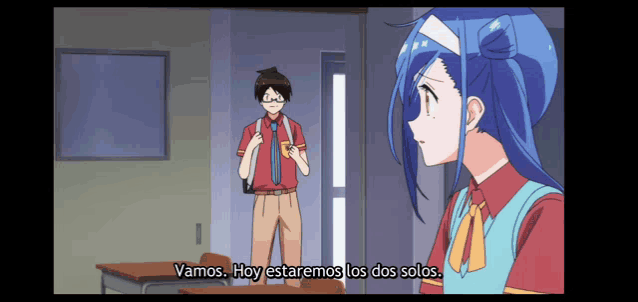 a man and a girl are standing in a classroom and the girl is saying " vamos hoy estaremos los dos solos "
