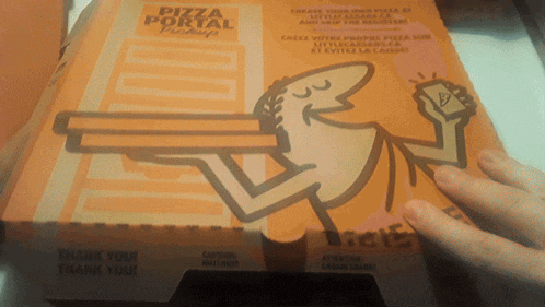 a pizza portal box with a cartoon character holding a phone
