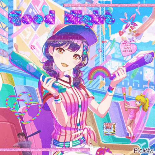a girl in a baseball uniform is holding a bat and a sign that says good night
