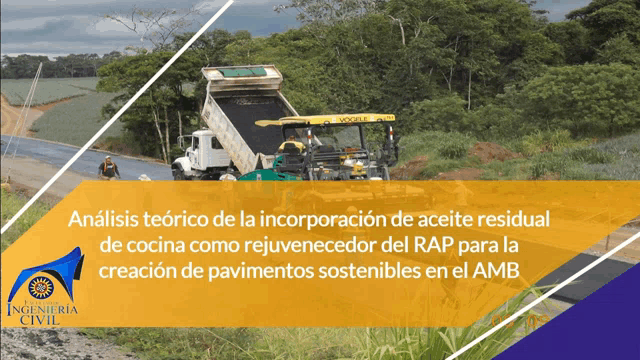 a yellow and purple advertisement for ingenieria civil shows a truck dumping dirt on a road