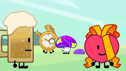 a cartoon of a beer mug , a clock , mushrooms and a heart with a bow