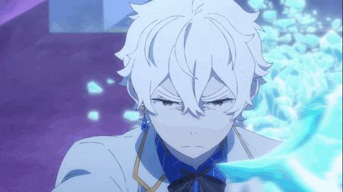 a cartoon character with white hair and a blue shirt