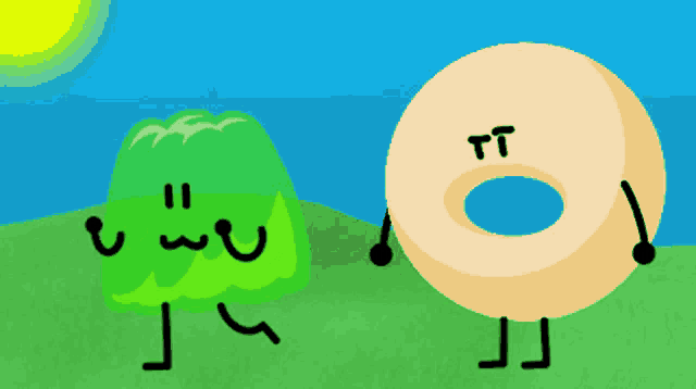 a cartoon drawing of a donut standing next to a green object