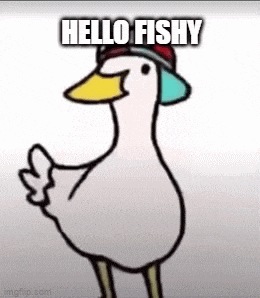 a cartoon duck wearing a hat and saying `` hello fishy '' .
