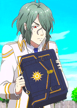 a man with green hair is holding a briefcase with a star on it
