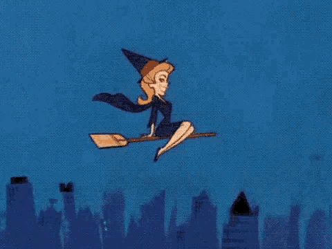 a cartoon witch is flying on a broom in the sky .