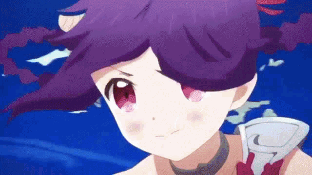 a close up of a girl with purple hair and red eyes