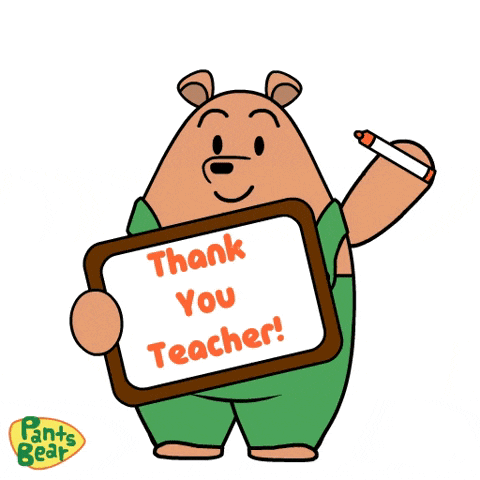 a cartoon bear holding a sign that says " thank you teacher "
