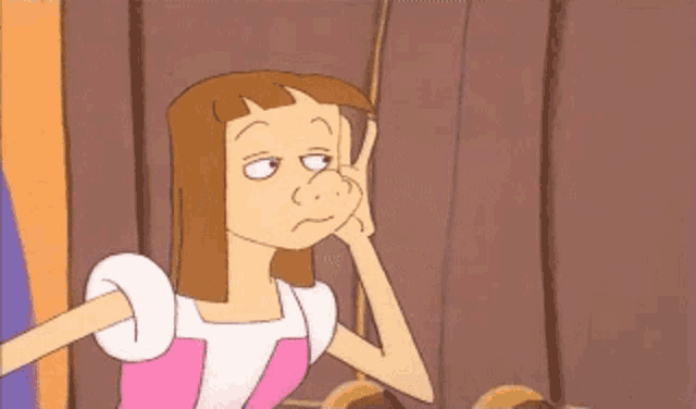 a cartoon girl in a pink and white dress is making a funny face