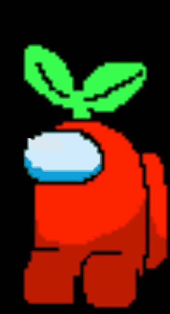 a pixel art of a red among us character with green leaves