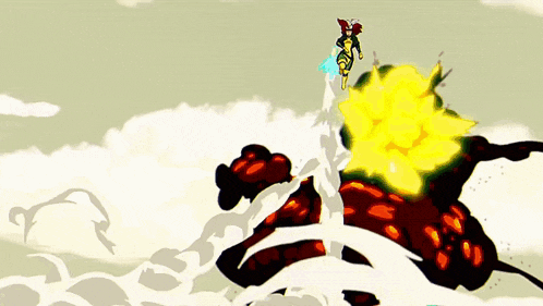 a cartoon drawing of a woman standing on top of a fireball