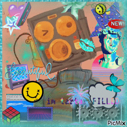 a colorful collage with a smiley face and the word beautiful on it