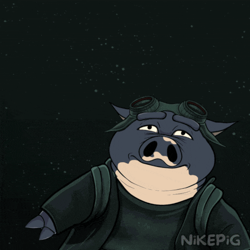 a drawing of a pig wearing goggles and a jacket with nikepig written below it