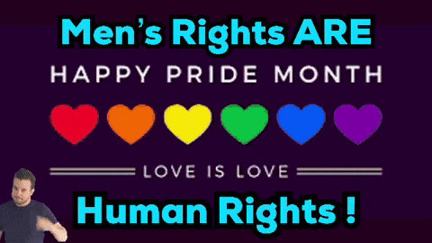 a man points at a sign that says men 's rights are happy pride month love is love human rights