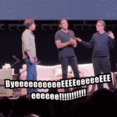 three men on a stage with the words byeeeeeeeeeeeeeeeeeeee