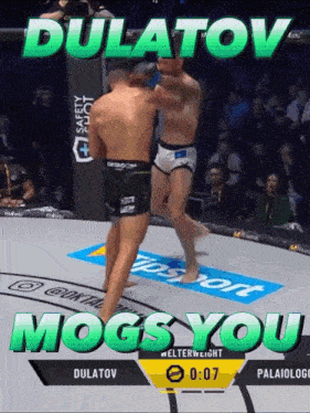 a boxing match between dulatov and palaiologe is shown on a screen