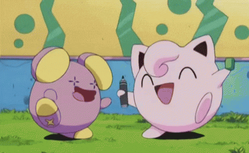 two cartoon characters are standing next to each other on a grassy field