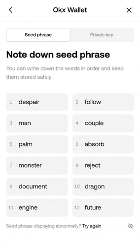 a screenshot of a wallet with a note down seed phrase .