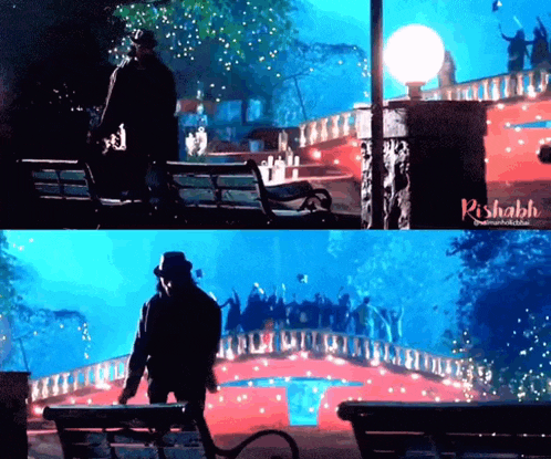 a man in a hat is standing on a bridge in a park with a sign that says rishabha