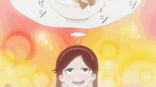 a cartoon of a woman looking at a bowl of food