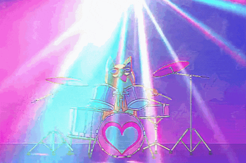 a cartoon llama playing drums with a heart on the drum
