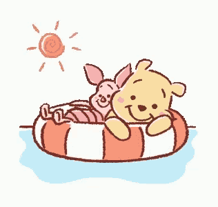 a cartoon of winnie the pooh and piglet floating on a life preserver in the water .