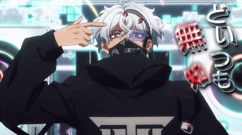 a man wearing a mask and headphones points his finger at his head
