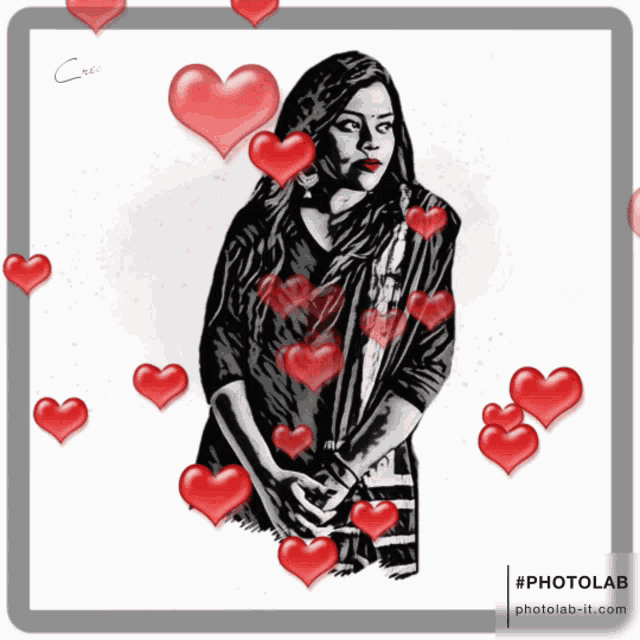 a black and white drawing of a woman surrounded by red hearts with #photolab at the bottom