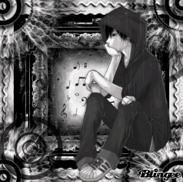 a boy in a black hoodie sits in front of a frame with music notes on it