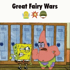 spongebob and patrick are standing in front of a row of lockers with the words great fairy wars written above them