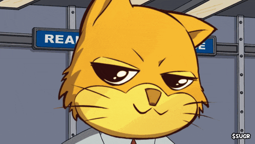 a cartoon cat standing in front of a sign that says real