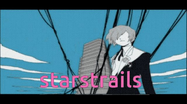 a cartoon drawing of a man with the words starstrails in pink