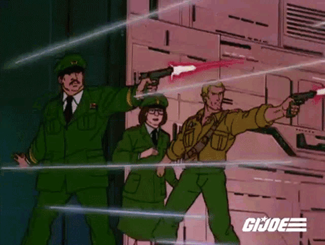 a group of gi joe characters holding guns in a room