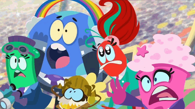 a group of cartoon characters are standing next to each other with a rainbow in the background