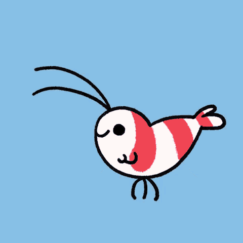 a cartoon drawing of a shrimp with a pink wing on its head