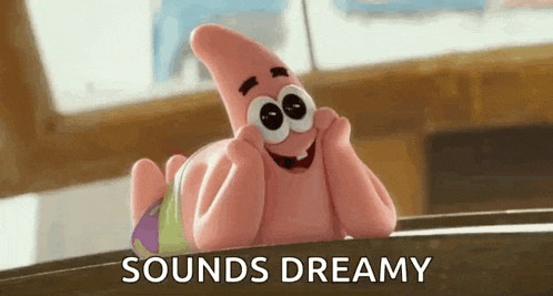 patrick star from spongebob squarepants is laying down with his hands on his face and smiling .