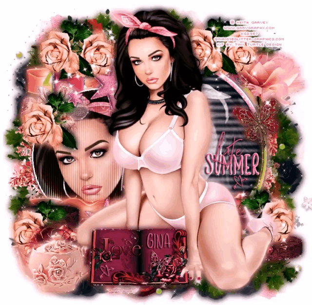 a woman in pink underwear is surrounded by flowers and a sign that says summer