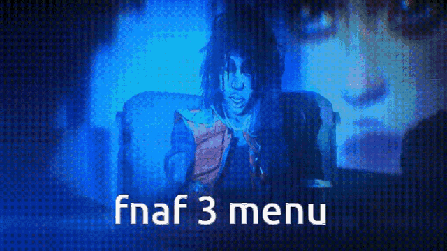 a man is sitting on a couch in a dark room with the words fnaf 3 menu below him .