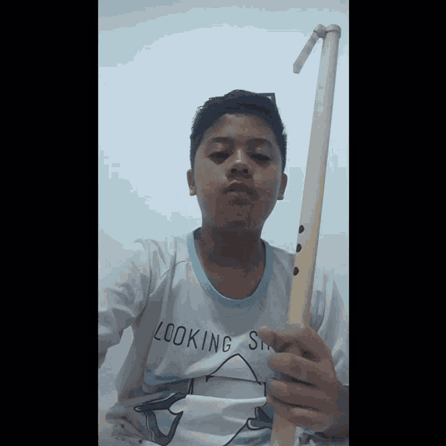 a boy wearing a looking shirt holds a stick