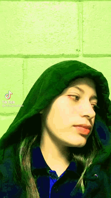 a girl wearing a green hoodie is standing in front of a brick wall .