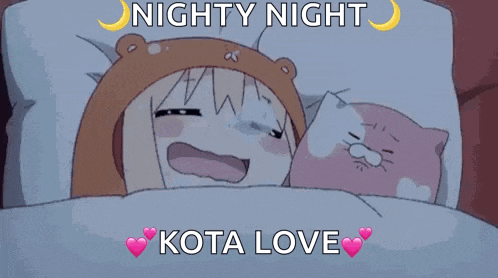 a cartoon of a girl sleeping next to a cat with the words nighty night kota love .