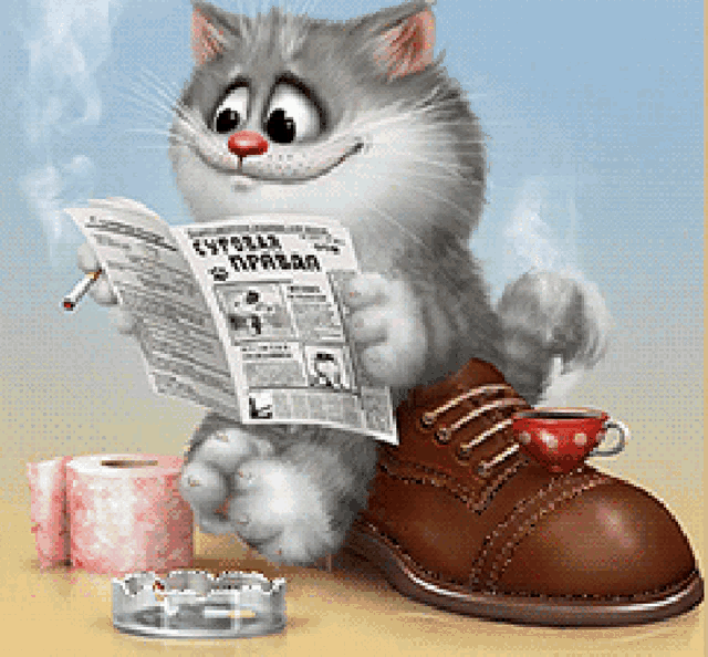 a cartoon cat is reading a newspaper next to an ashtray