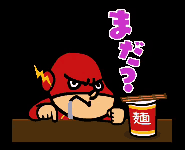 a cartoon character is sitting at a table with a cup of noodles and chopsticks
