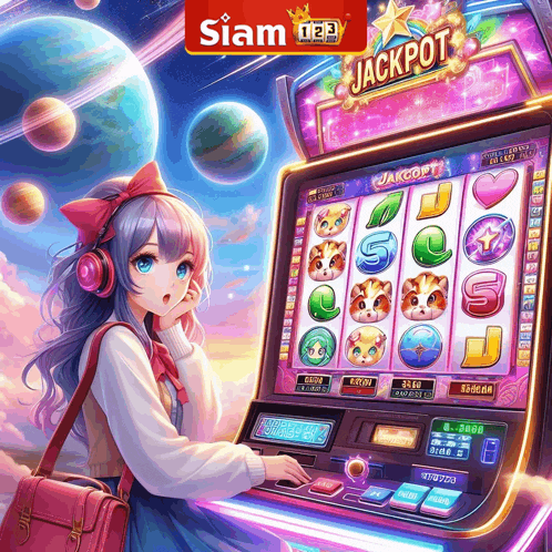 a girl with headphones is playing a slot machine that says jackpot