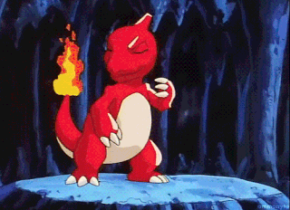 a red and white cartoon character holding a fireball