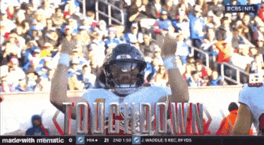 a football player celebrates a touchdown with his hands up