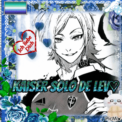 a picture of kaiser solo de leiv with blue roses and hearts